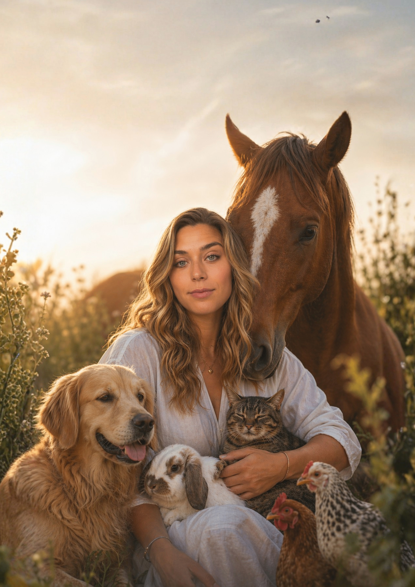 Raquel num campo ao pôr do sol com cão, gato, coelho, galinha e cavalo